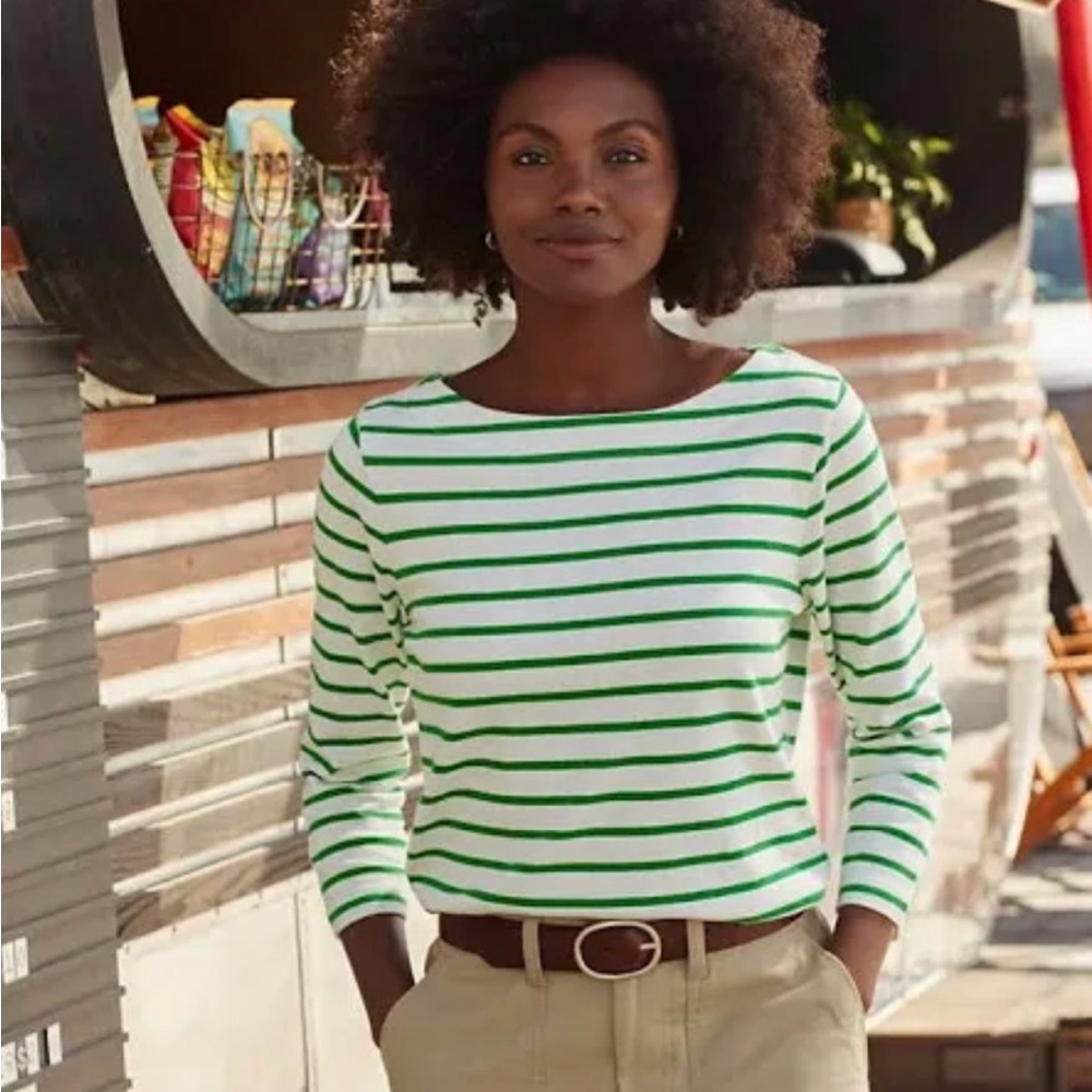 LOFT White Crewneck with Green Stripes